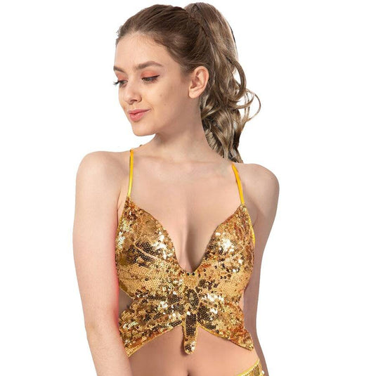 Adult Sequin Butterfly Top w Ribbon Ties Costume Party in Gold/Yellow-1