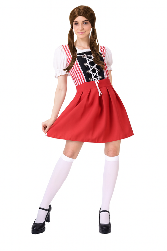 Adult Beer Garden Maid Oktoberfest German Heidi Bavarian Women Red Check Costume-0