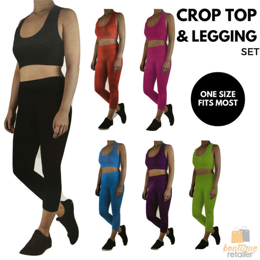 Womens Crop Top Leggings Set Stretch Gym Yoga Party Outfit - Black-2