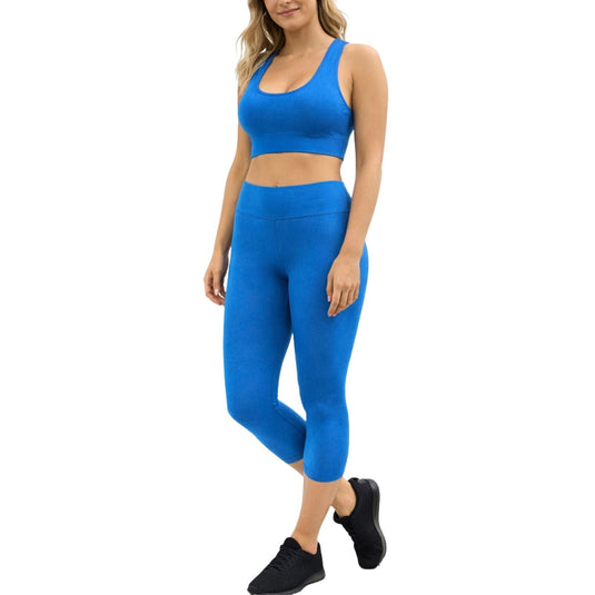 Womens Crop Top Leggings Set Stretch Gym Yoga Party Outfit - Blue-0