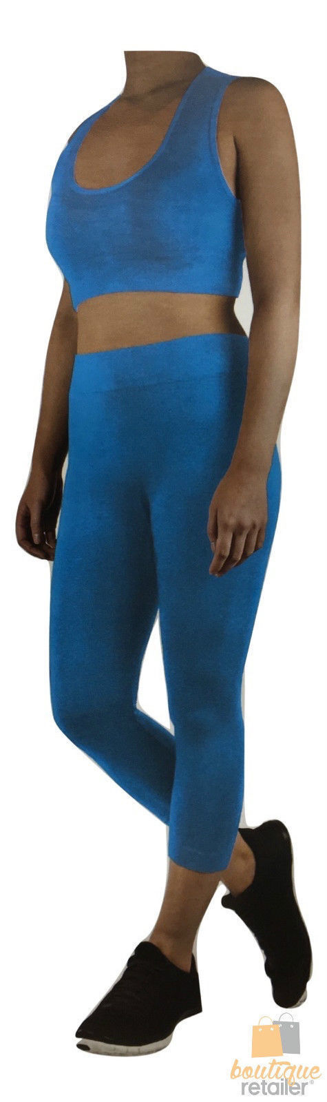 Womens Crop Top Leggings Set Stretch Gym Yoga Party Outfit - Blue-2