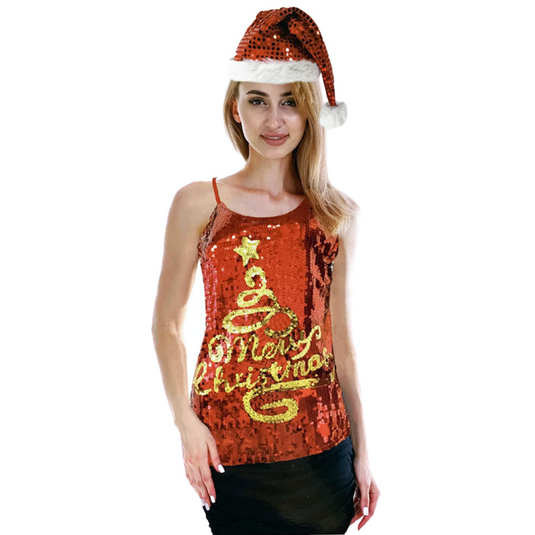 Womens Merry Christmas Tree Sequin Singlet Camisole Cami Costume Xmas Party-2
