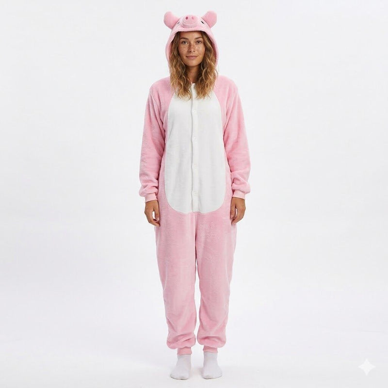Load image into Gallery viewer, Adult Pink Piggy Bodysuit Costume Pink Hooded Jumpsuit with Tail-0
