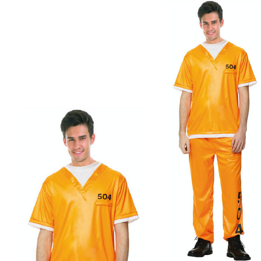 PRISONER COSTUME Halloween Jail Convict Adult Complete Outfit - Orange-0