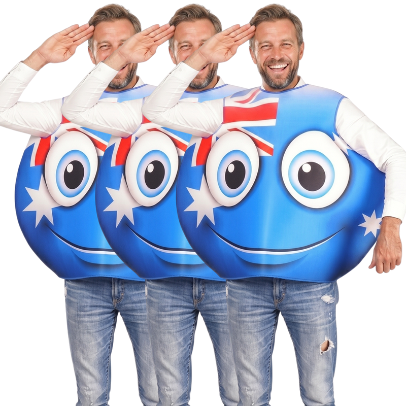 Load image into Gallery viewer, 3x Adult Australian Smile Costume – Fun Australia Day Tunic with Flag &amp; Smiley Face-1
