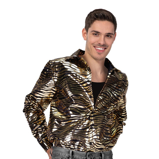 Mens Deluxe Disco Tiger Print Shirt Costume Party in Gold-1
