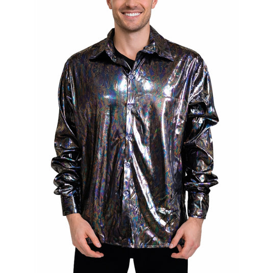 Mens 70s Disco Shirt Costume Metallic Long Sleeve Party Outfit One Size - Black-1