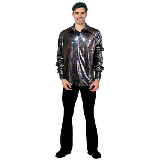 Mens 70s Disco Shirt Costume Metallic Long Sleeve Party Outfit One Size - Black-3