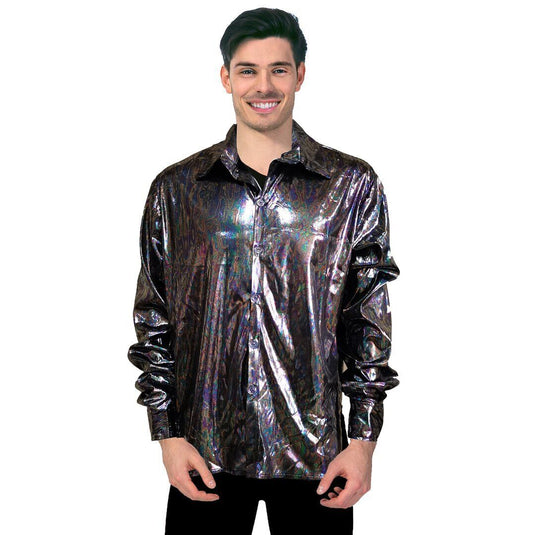 Mens 70s Disco Shirt Costume Metallic Long Sleeve Party Outfit One Size - Black-2