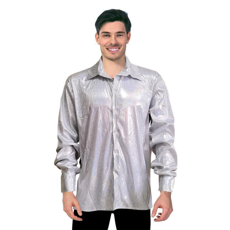 Load image into Gallery viewer, Mens 70s Disco Shirt Costume Metallic Long Sleeve Party Outfit One Size - Silver-2
