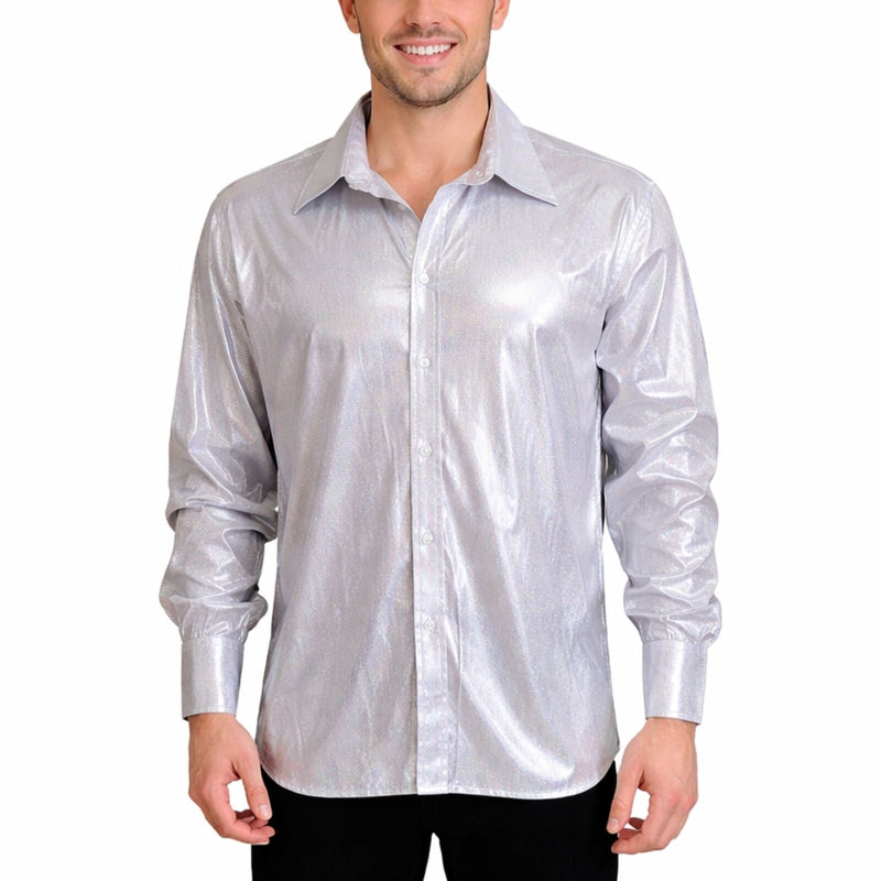 Load image into Gallery viewer, Mens 70s Disco Shirt Costume Metallic Long Sleeve Party Outfit One Size - Silver-0
