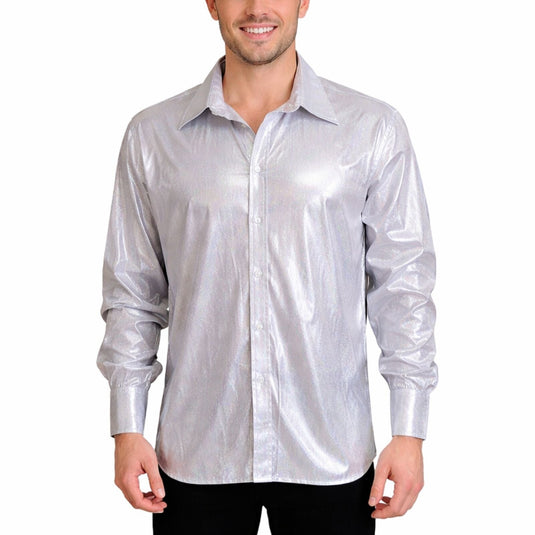 Mens 70s Disco Shirt Costume Metallic Long Sleeve Party Outfit One Size - Silver-0