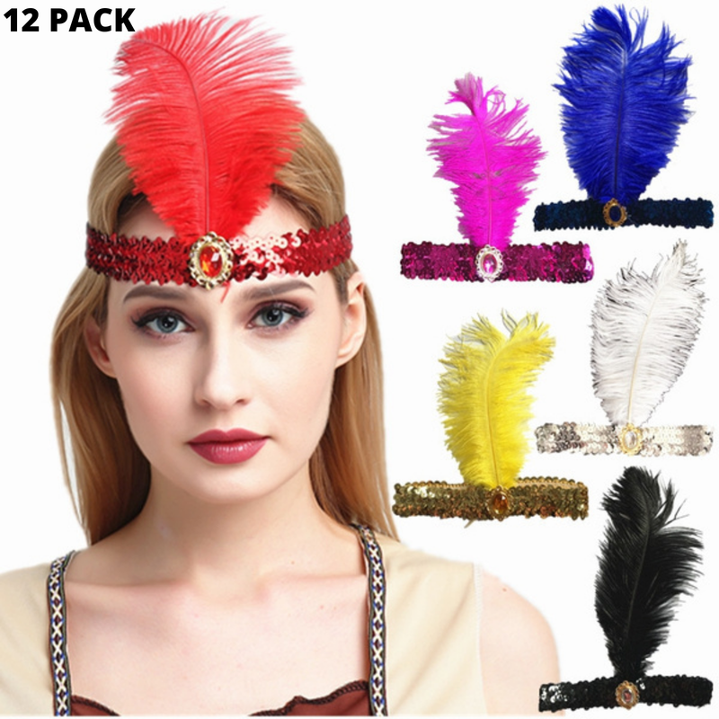 Load image into Gallery viewer, 12x 1920s FLAPPER HEADBAND Headpiece Feather Sequin Charleston Gatsby Party BULK - Assorted Colours Pack-3
