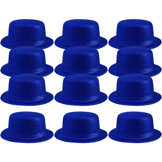12x GLITTER BOWLER HAT Fancy Party Plastic Costume Cap Fun Dress Up Sparkle BULK - Blue-2