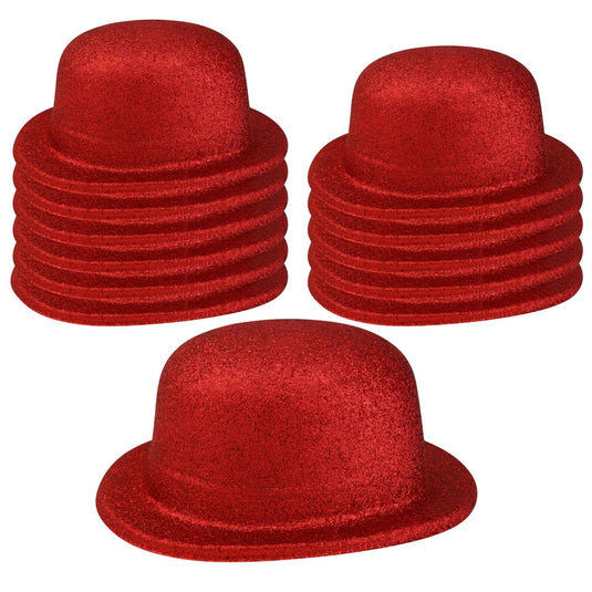 12x GLITTER BOWLER HAT Fancy Party Plastic Costume Cap Fun Dress Up Sparkle BULK - Red-1