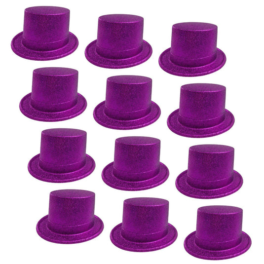 12x GLITTER TOP HAT Fancy Party Plastic Costume Tall Cap Fun Dress Up BULK - Purple-1