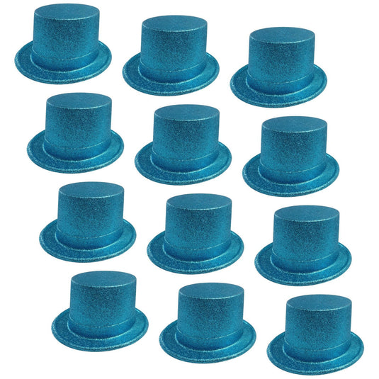 12x GLITTER TOP HAT Fancy Party Plastic Costume Tall Cap Fun Dress Up BULK - Sky Blue-1
