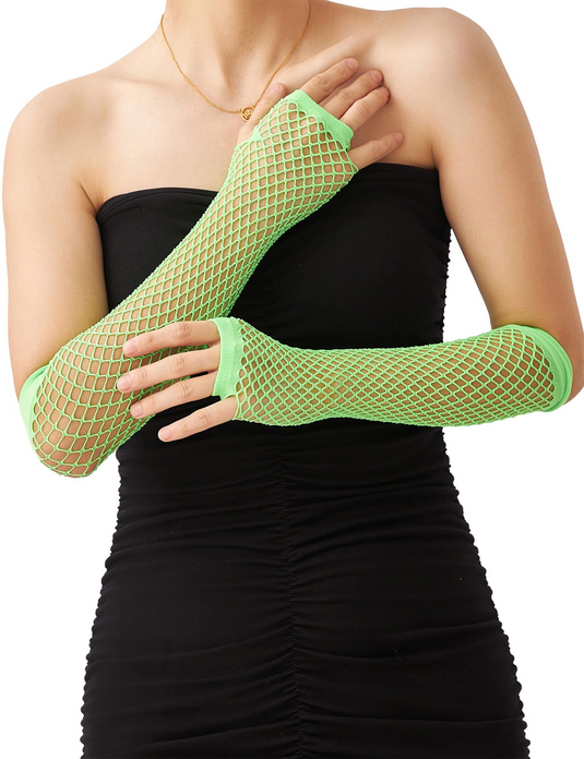 12x Long Elbow Length Fishnet Gloves Fingerless 70s 80s Womens Costume Party Bulk in Fluro Green-3