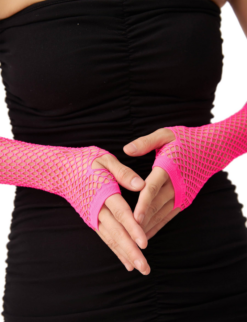 Load image into Gallery viewer, 12x Long Elbow Length Fishnet Gloves Fingerless 70s 80s Womens Costume Party Bulk in Hot Pink-3
