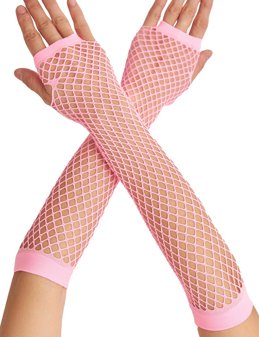 12x Long Elbow Length Fishnet Gloves Fingerless 70s 80s Womens Costume Party Bulk in Light Pink-1