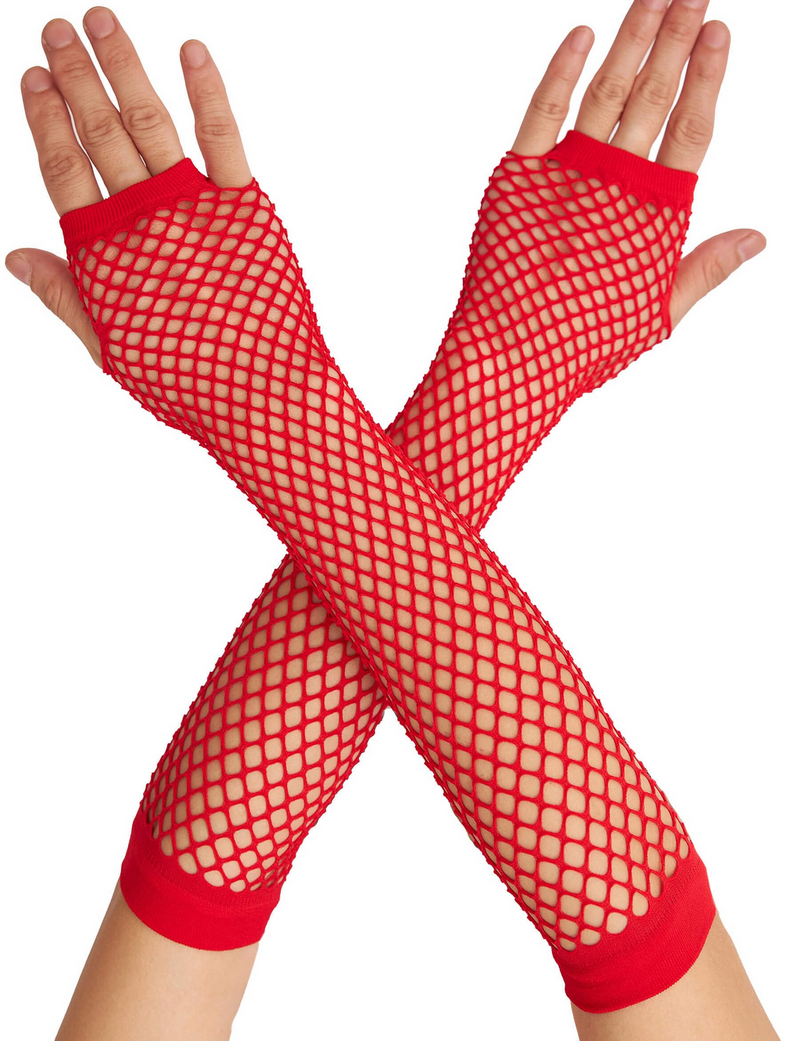Load image into Gallery viewer, 12x Long Elbow Length Fishnet Gloves Fingerless 70s 80s Womens Costume Party Bulk in Red-1
