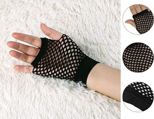 12 Pair Fishnet Gloves Fingerless Wrist Length 70s 80s Costume Party - Black-4