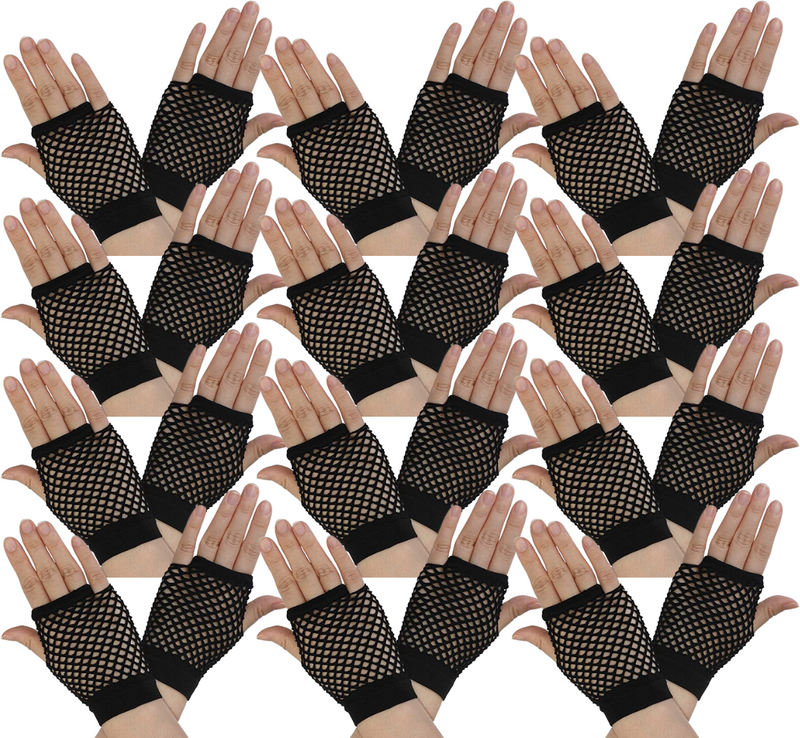 Load image into Gallery viewer, 12 Pair Fishnet Gloves Fingerless Wrist Length 70s 80s Costume Party - Black-1

