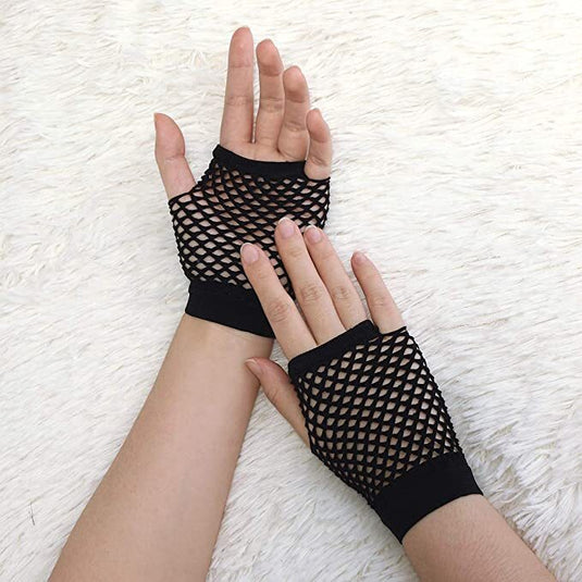 12 Pair Fishnet Gloves Fingerless Wrist Length 70s 80s Costume Party - Black-2