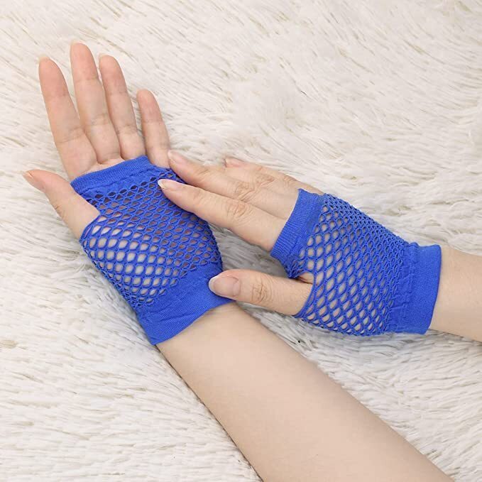 Load image into Gallery viewer, 12 Pair Fishnet Gloves Fingerless Wrist Length 70s 80s Costume Party Bulk - Blue-4
