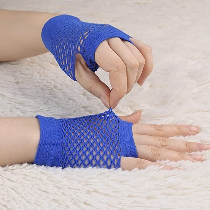 Load image into Gallery viewer, 12 Pair Fishnet Gloves Fingerless Wrist Length 70s 80s Costume Party Bulk - Blue-3
