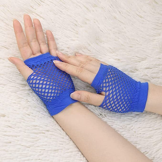 12 Pair Fishnet Gloves Fingerless Wrist Length 70s 80s Costume Party Bulk - Blue-4
