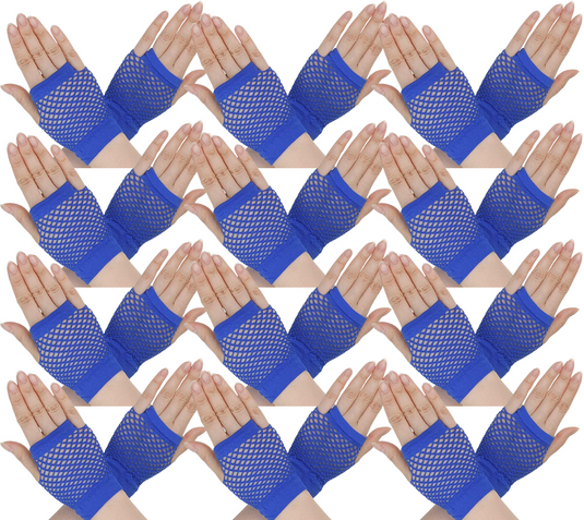12 Pair Fishnet Gloves Fingerless Wrist Length 70s 80s Costume Party Bulk - Blue-0
