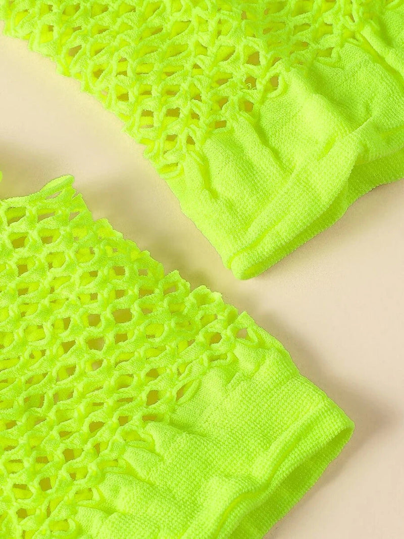 Load image into Gallery viewer, 12 Pair Fishnet Gloves Fingerless Wrist Length 70s 80s Costume Party - Fluro Yellow-2
