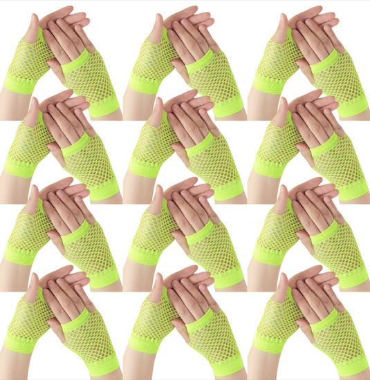 12 Pair Fishnet Gloves Fingerless Wrist Length 70s 80s Costume Party - Fluro Yellow-1