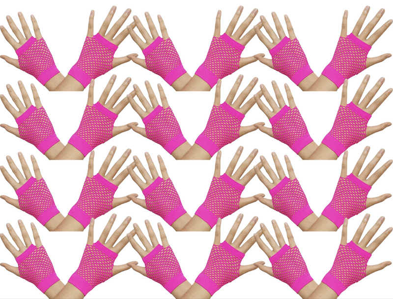 Load image into Gallery viewer, 12 Pair Fishnet Gloves Fingerless Wrist Length 70s 80s Costume Party - Hot Pink-0
