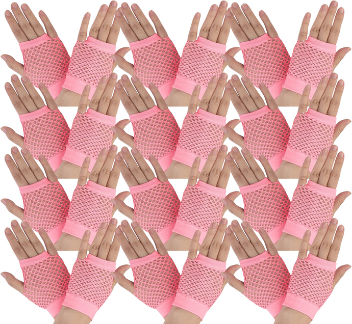 12 Pair Fishnet Gloves Fingerless Wrist Length 70s 80s Costume Party -Light Pink-0