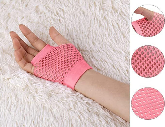 12 Pair Fishnet Gloves Fingerless Wrist Length 70s 80s Costume Party -Light Pink-4