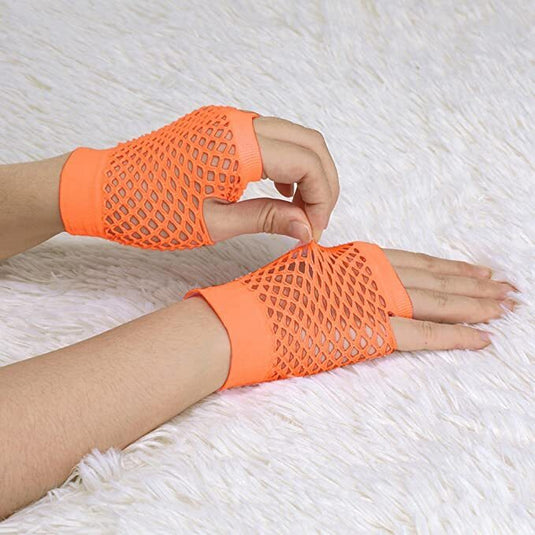 12 Pair Fishnet Gloves Fingerless Wrist Length 70s 80s Costume Party - Orange-3