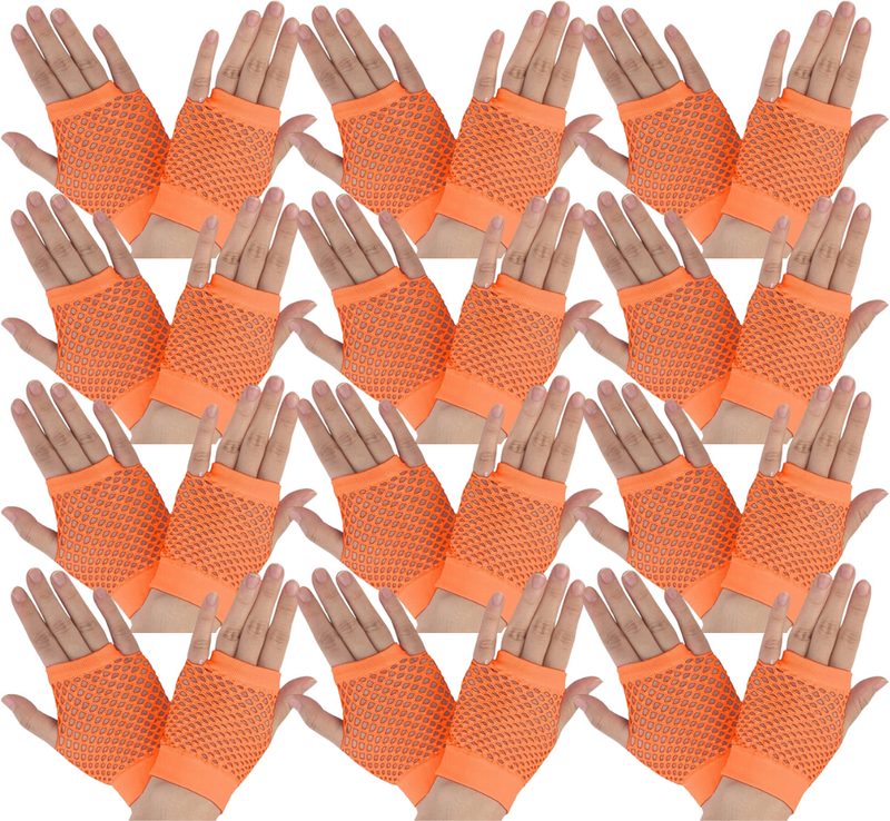 Load image into Gallery viewer, 12 Pair Fishnet Gloves Fingerless Wrist Length 70s 80s Costume Party - Orange-1
