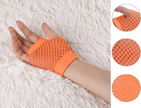 12 Pair Fishnet Gloves Fingerless Wrist Length 70s 80s Costume Party - Orange-4