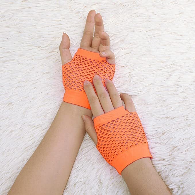 Load image into Gallery viewer, 12 Pair Fishnet Gloves Fingerless Wrist Length 70s 80s Costume Party - Orange-2
