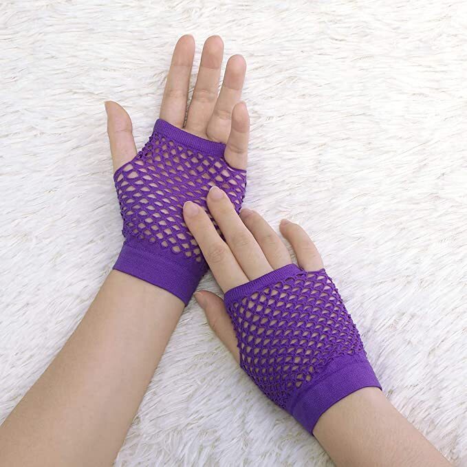 Load image into Gallery viewer, 12 Pair Fishnet Gloves Fingerless Wrist Length 70s 80s Costume Party - Purple-3
