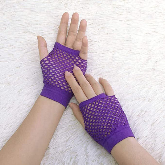 12 Pair Fishnet Gloves Fingerless Wrist Length 70s 80s Costume Party - Purple-3