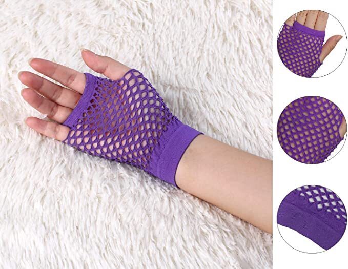 Load image into Gallery viewer, 12 Pair Fishnet Gloves Fingerless Wrist Length 70s 80s Costume Party - Purple-4
