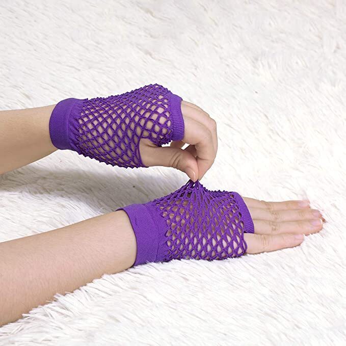 Load image into Gallery viewer, 12 Pair Fishnet Gloves Fingerless Wrist Length 70s 80s Costume Party - Purple-2
