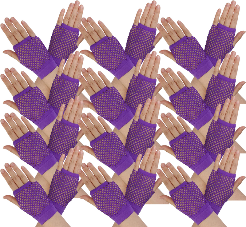 Load image into Gallery viewer, 12 Pair Fishnet Gloves Fingerless Wrist Length 70s 80s Costume Party - Purple-1
