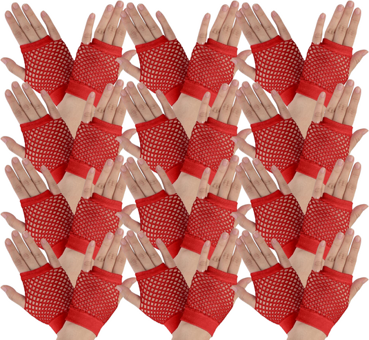 12 Pair Fishnet Gloves Fingerless Wrist Length 70s 80s Costume Party Bulk - Red-0