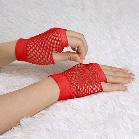 12 Pair Fishnet Gloves Fingerless Wrist Length 70s 80s Costume Party Bulk - Red-3