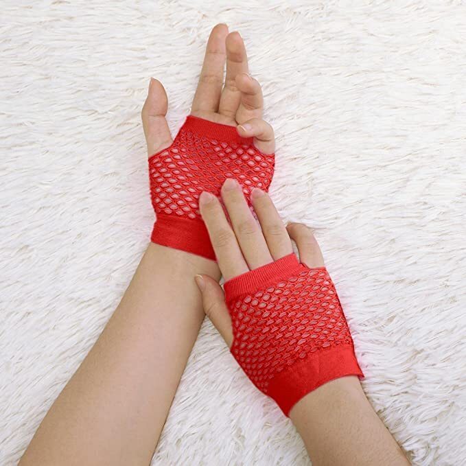 Load image into Gallery viewer, 12 Pair Fishnet Gloves Fingerless Wrist Length 70s 80s Costume Party Bulk - Red-2
