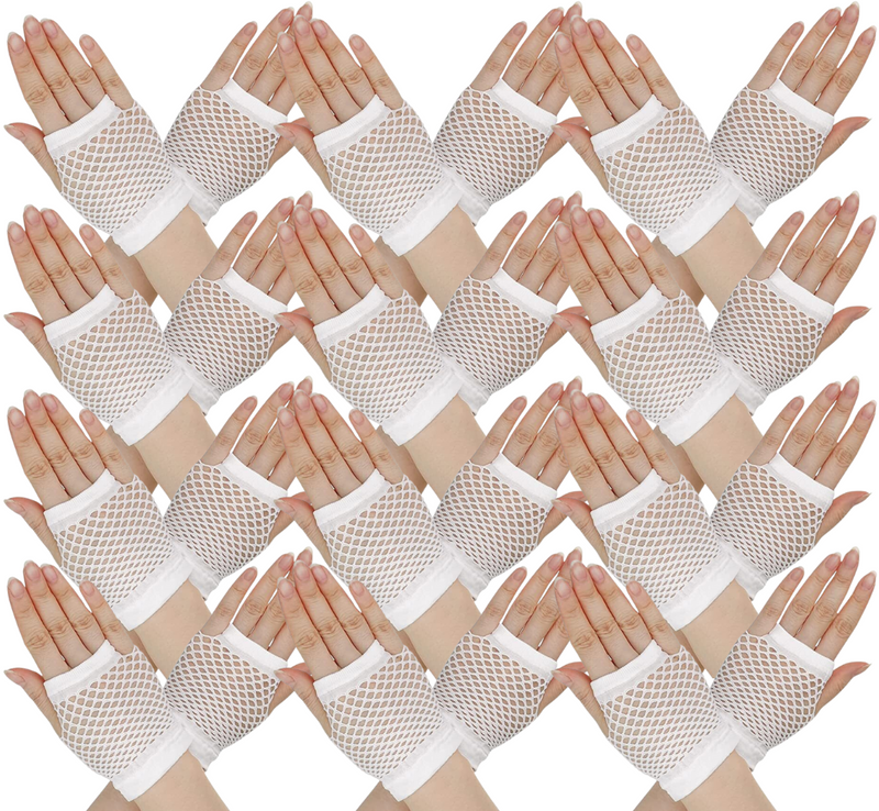 Load image into Gallery viewer, 12 Pair Fishnet Gloves Fingerless Wrist Length 70s 80s Costume Party - White-1
